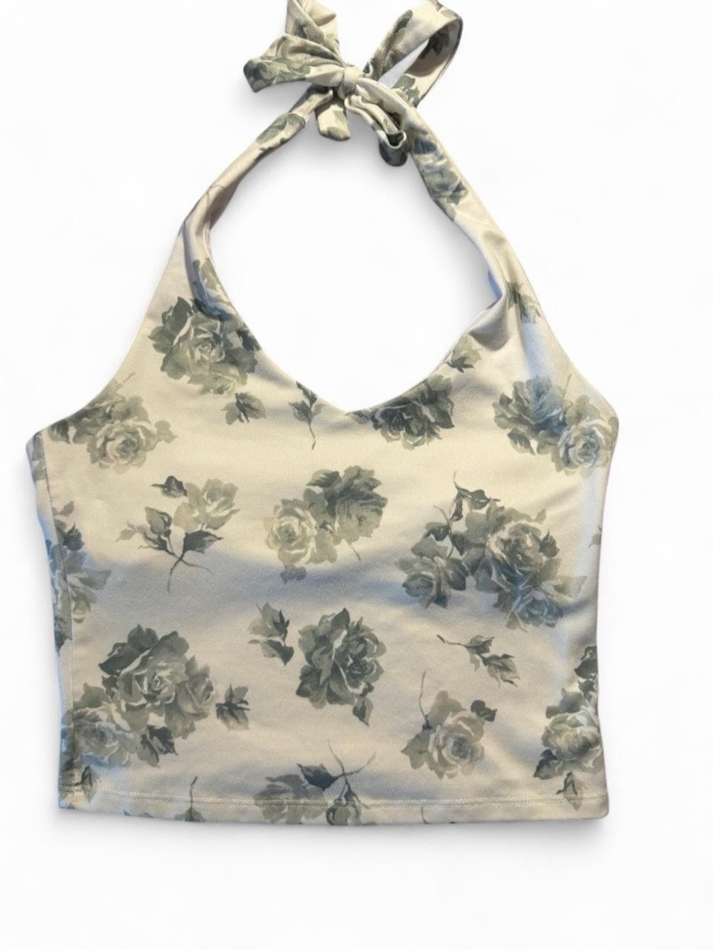 Hollister Cream Halter Crop Top with Sage Floral Print